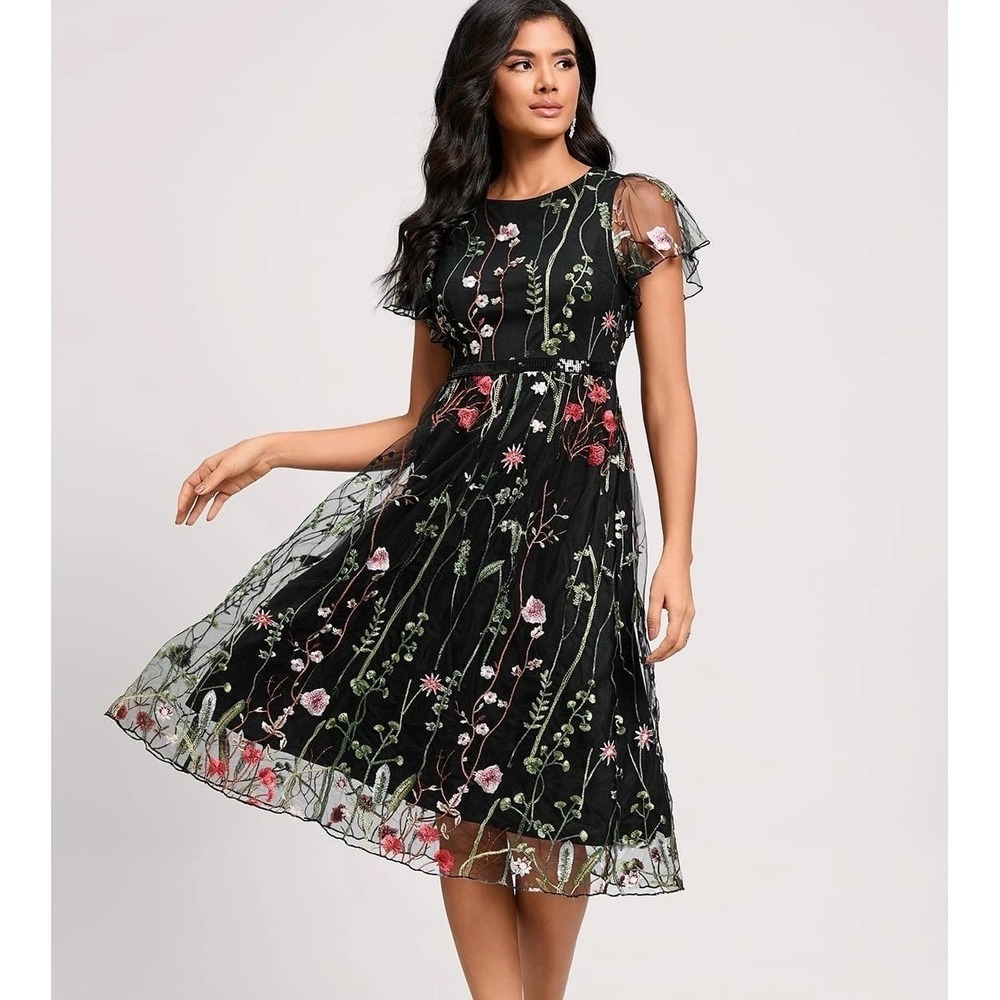 IWEMEK 1950s Cocktail  Party Costume A-Line Floral Embroidery Knee Length M/L